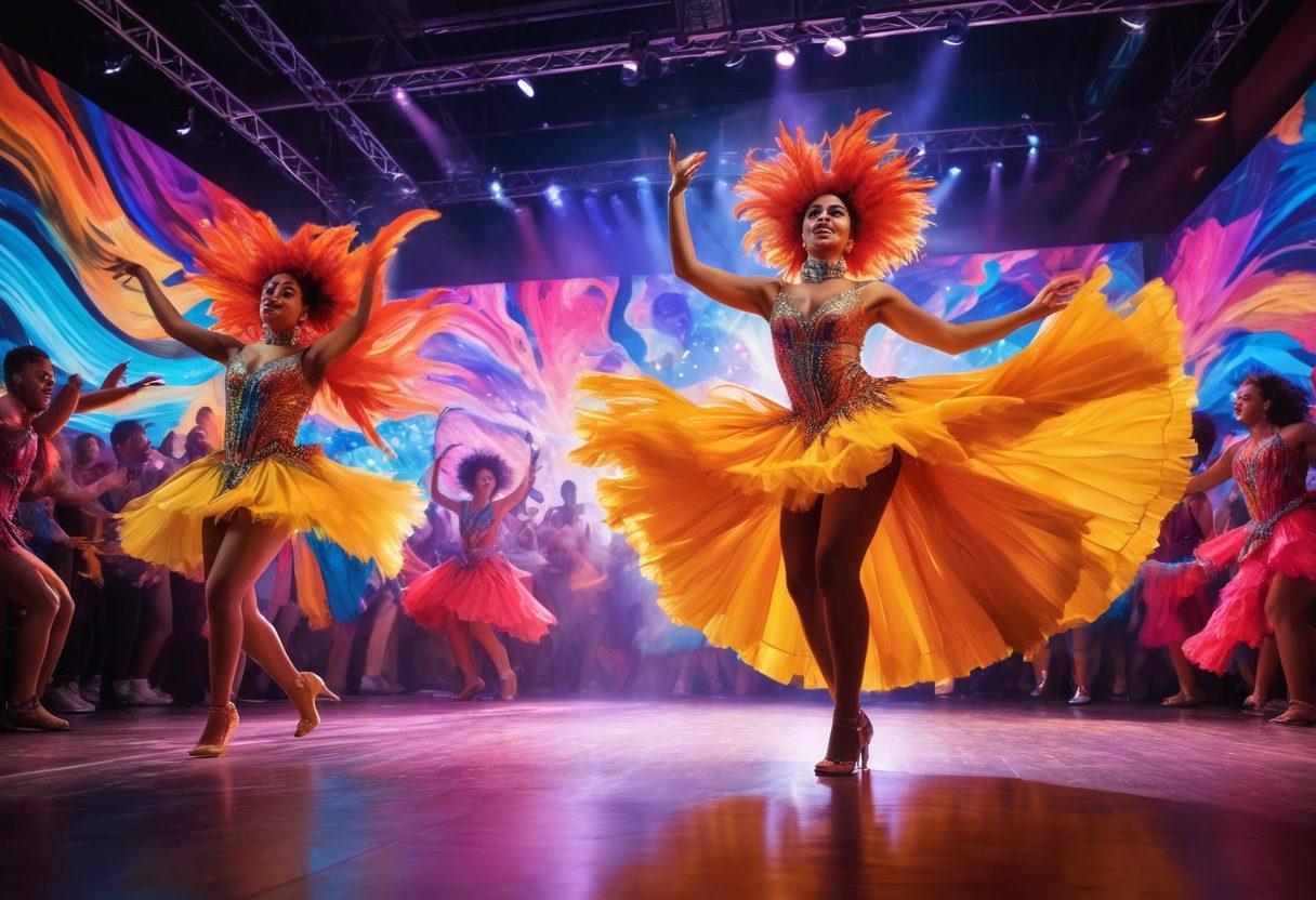 A vibrant stage filled with performers showcasing their talents, each artist expressing different emotions through colorful costumes and dynamic movements. The background features abstract art and bright lights illuminating the scene, symbolizing creativity and joy. A diverse audience is captivated, their expressions reflecting awe and happiness. The atmosphere is electric, conveying an essence of exuberance and performance. super-realistic. vibrant colors. dynamic composition.