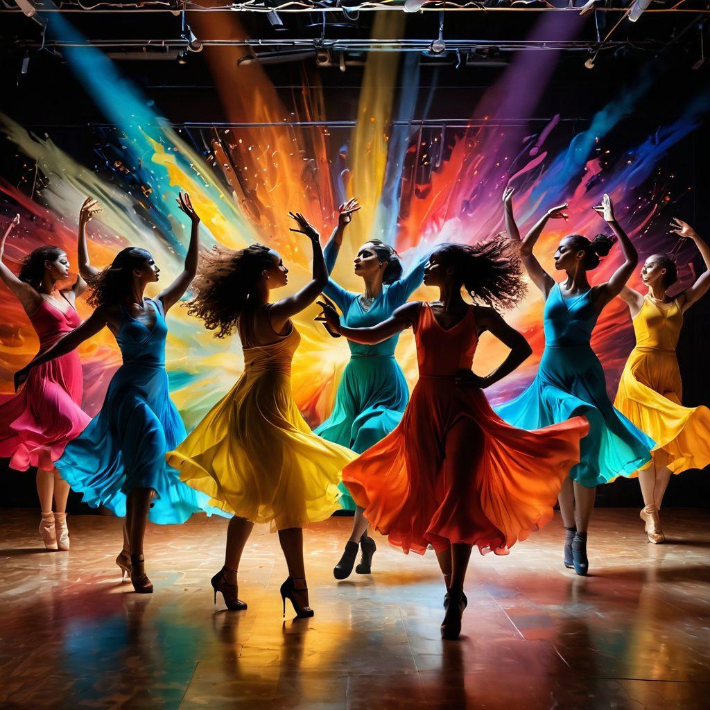 A dynamic scene capturing a vibrant performance art display with expressive dancers surrounded by swirling colors and abstract shapes that represent sound waves and emotions. The audience is seen in awe, immersed in the sensory experience, with lights and textures reflecting joy and ecstasy. Include elements of movement and rhythm to convey energy. super-realistic. vibrant colors. dynamic composition.