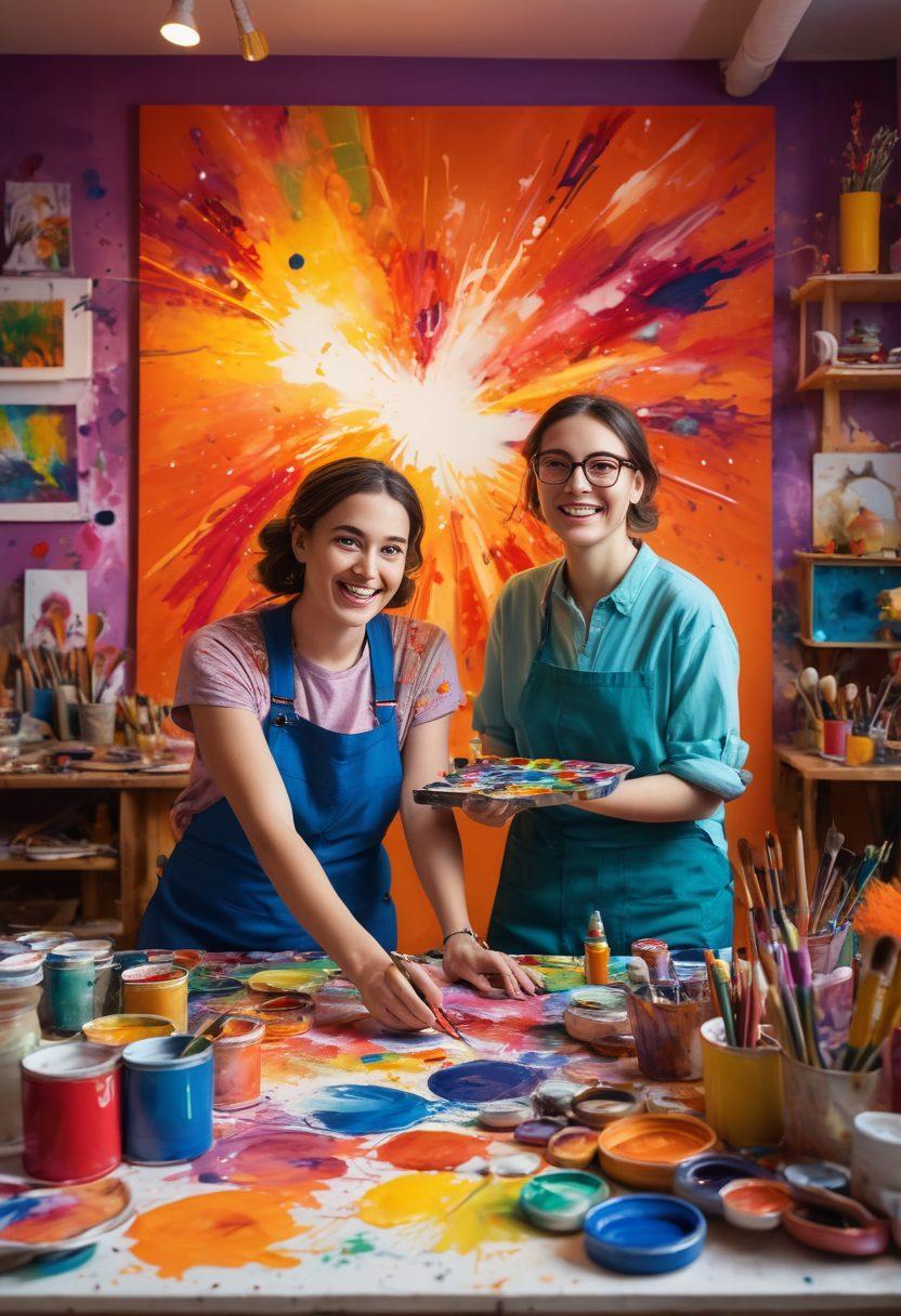 A vibrant scene depicting a joyful artist surrounded by colorful paints, tools, and innovative gadgets, embodying the fusion of creativity and innovation. Include whimsical splashes of color and abstract patterns in the background to represent ideas flowing freely. The atmosphere should feel energetic and uplifting, capturing the essence of happiness in the creative process. The artist is smiling, with a glowing light around them, symbolizing inspiration. colorful, super-realistic, bright and lively.